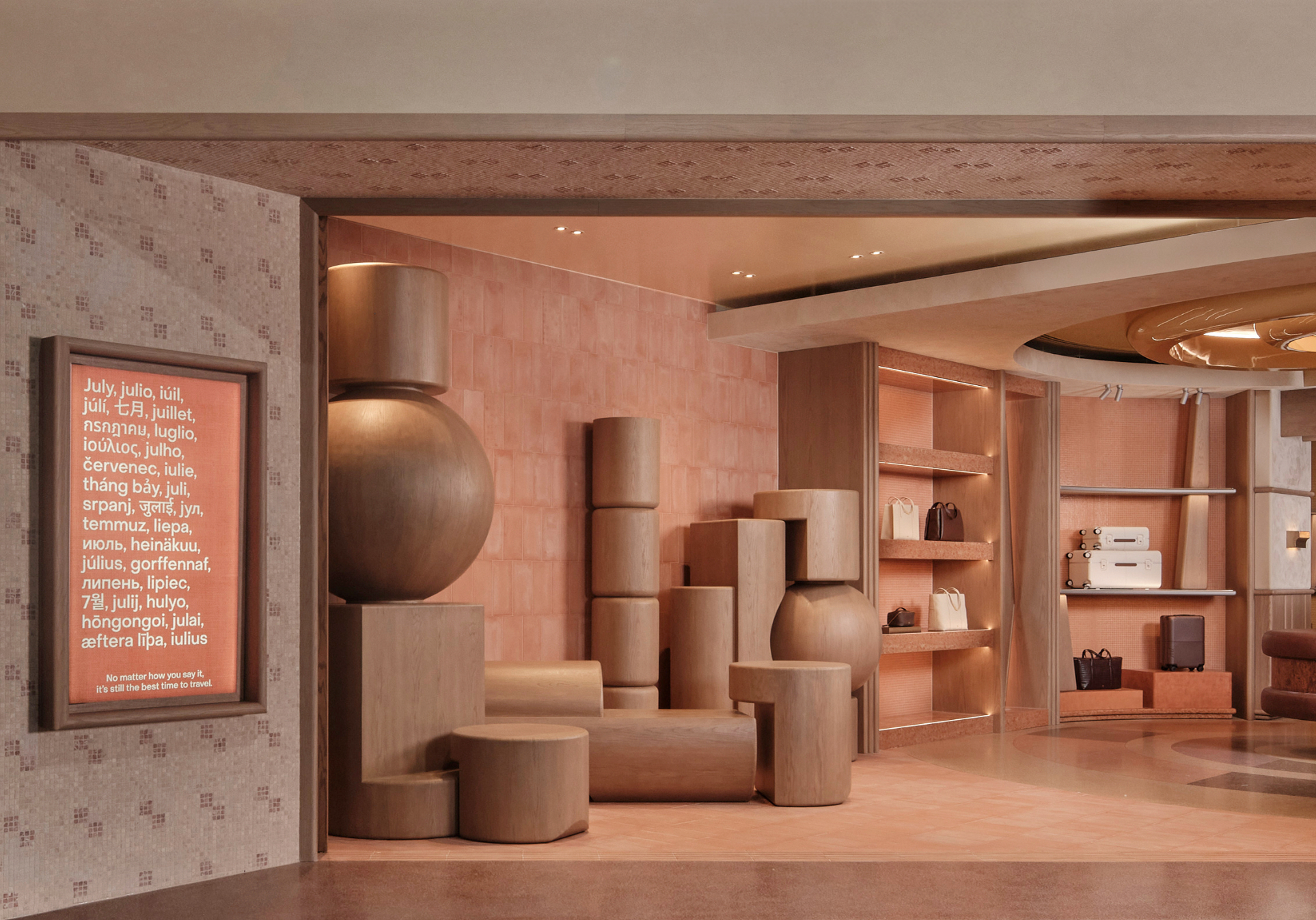 July QV shopfront with stacked oak plinth composition and terracotta tiled walls