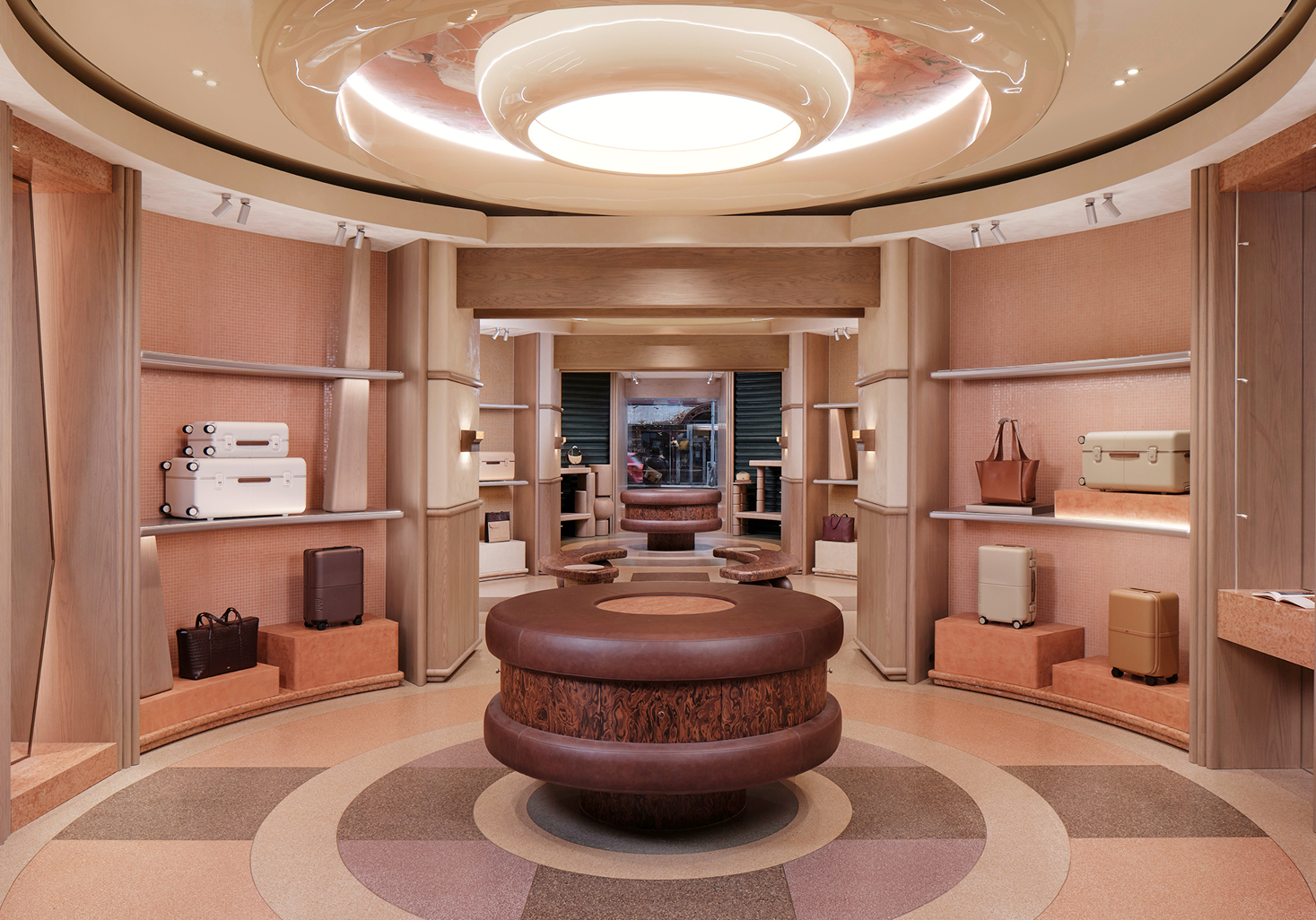 Curved store interior with gloss ceiling feature, mosaic bays and burl leather podium