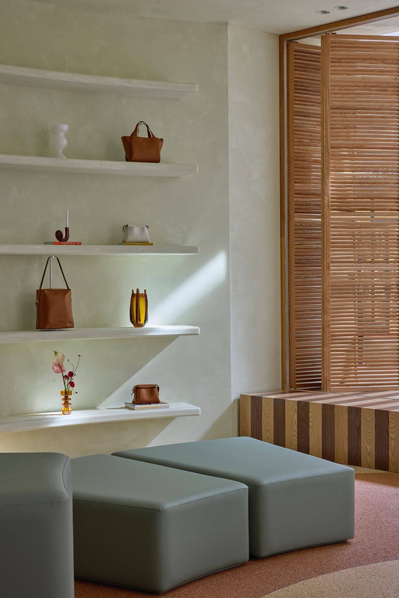 Plaster shelving niche and timber slat screen detail
