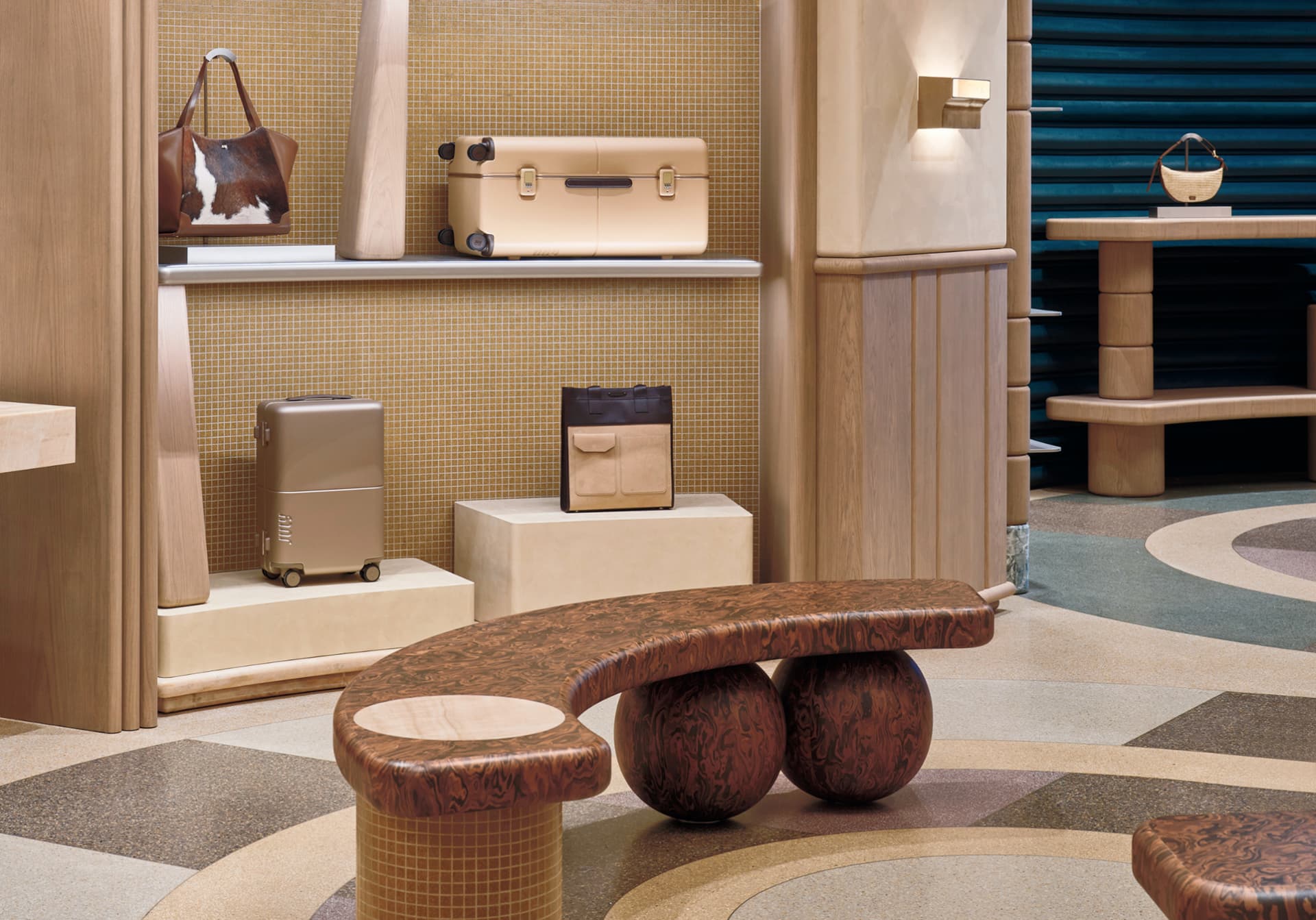Mosaic tile display bay with oak joinery, plaster plinths and burl timber bench
