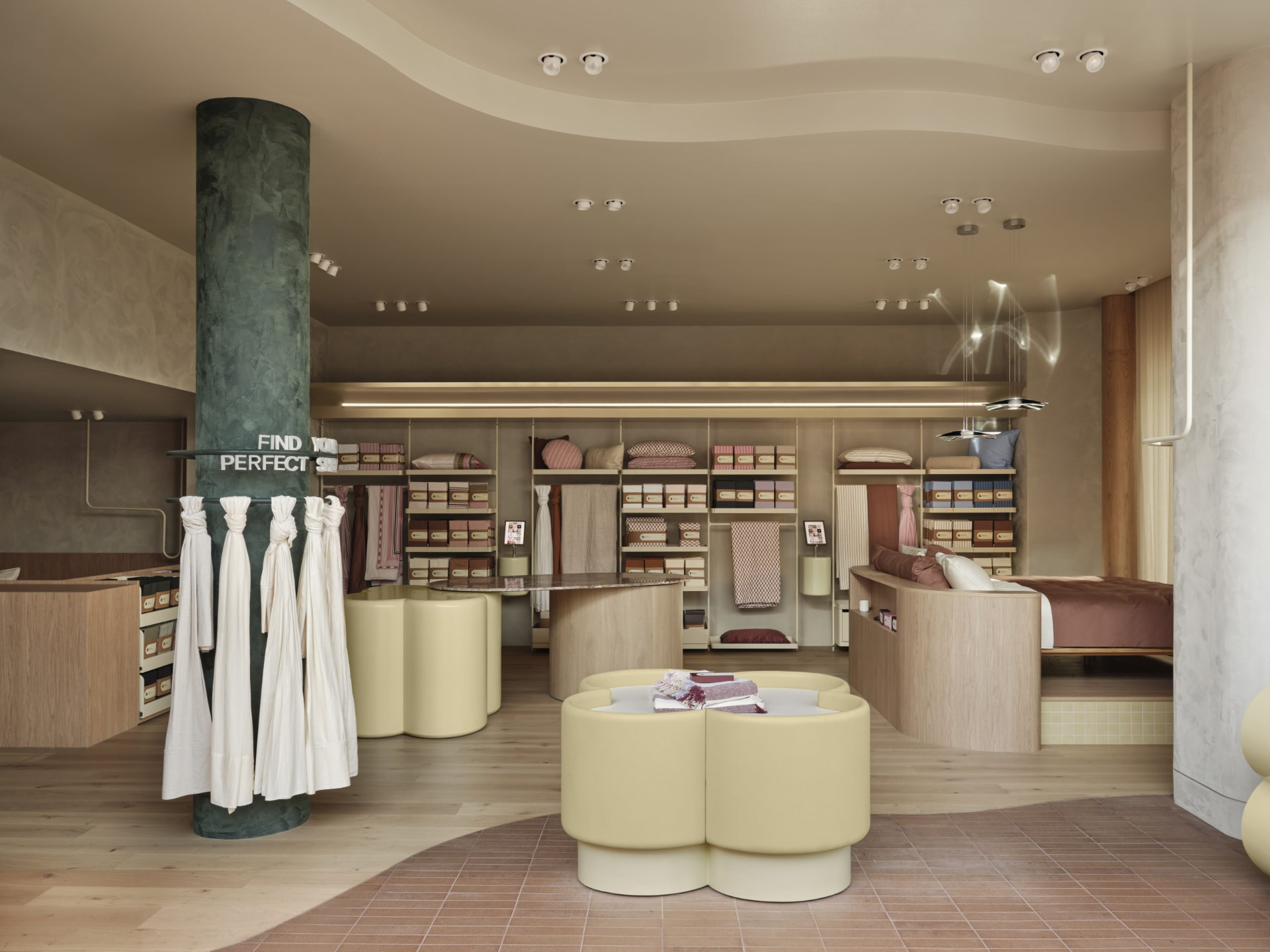 Store interior with buttermilk lacquer seating, oak island tables and adjustable shelving wall